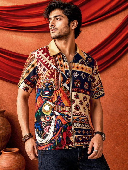 Craftcloth Himalayan Legacy Tribal Warrior Printed Half Sleeve Zipper Shirt for Men