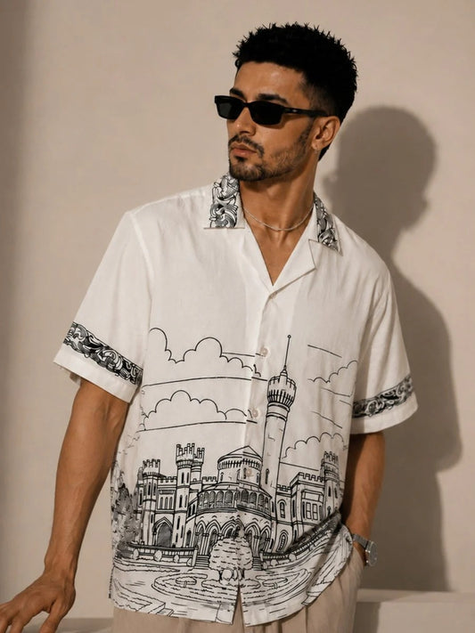 Craftcloth Royal Palace Sketch Print Resort Casual Half Sleeve Shirt for Men