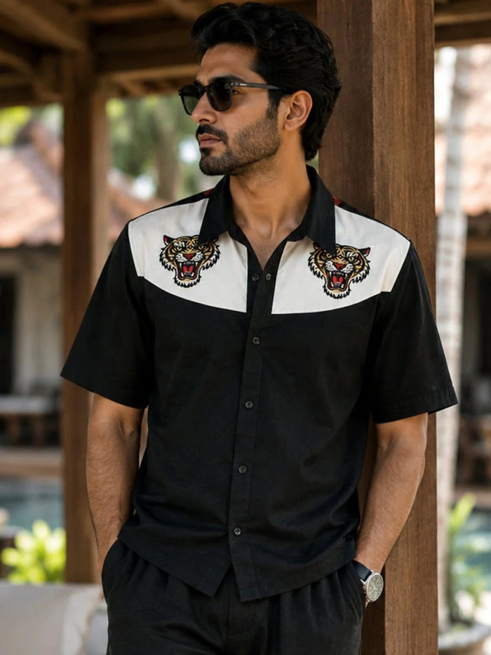 Craftcloth Roaring Tiger Embroidered Bowling Style Premium Resort Shirt